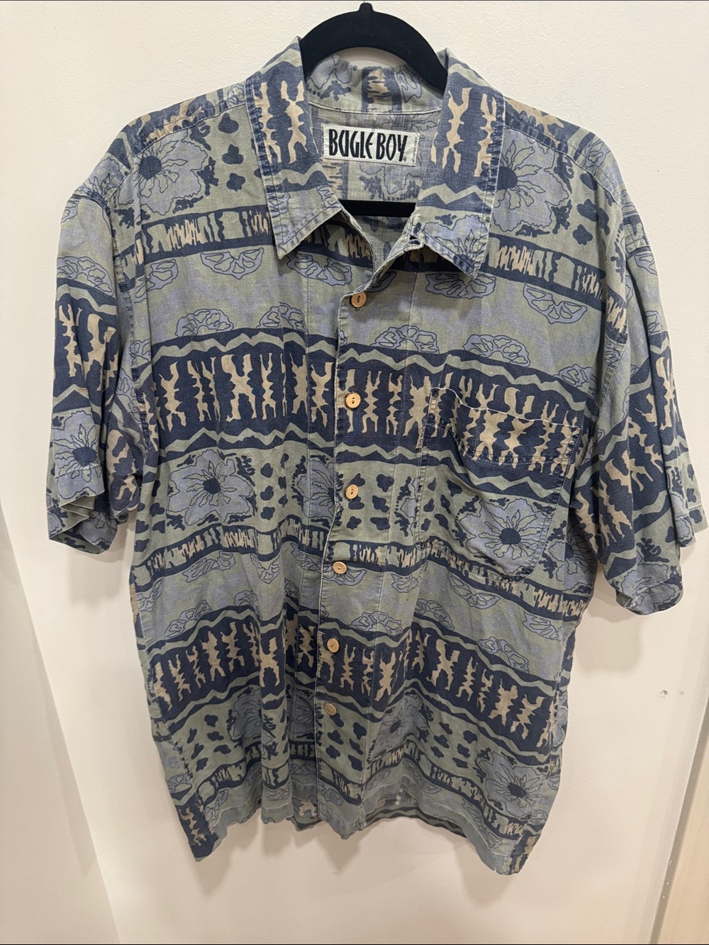 Vintage 90s Bugle Boy Tribal Abstract Floral Short Sleeve Button Up | Size Large